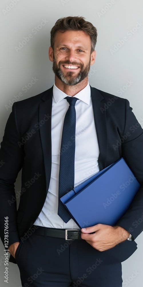 A man in a suit and tie is smiling and holding a blue folder. Concept of professionalism and confidence, as the man is dressed in a business suit and tie A man in a suit and tie is smiling and holding a blue folder. Concept of professionalism and confidence, as the man is dressed in a business suit and tie