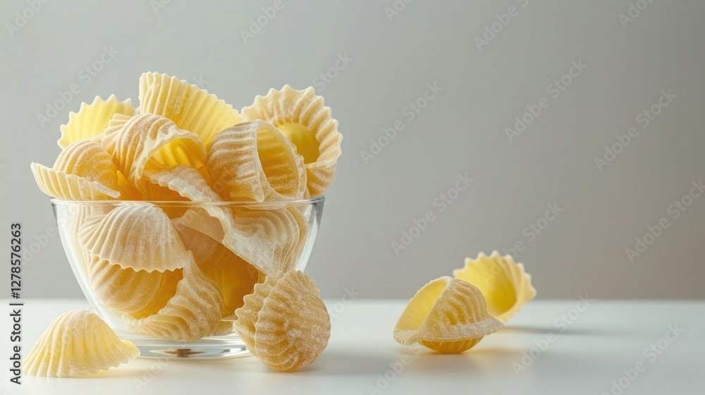 A clear bowl filled with shell-shaped pasta, with a few pieces scattered around. A clear bowl filled with shell-shaped pasta, with a few pieces scattered around.