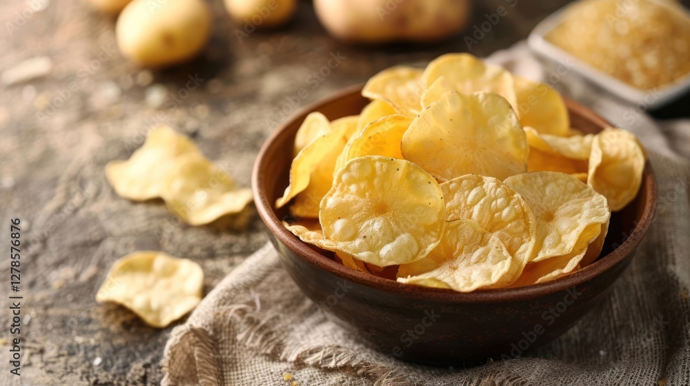 A bowl of crispy potato chips on a textured surface, ready for snacking. A bowl of crispy potato chips on a textured surface, ready for snacking.