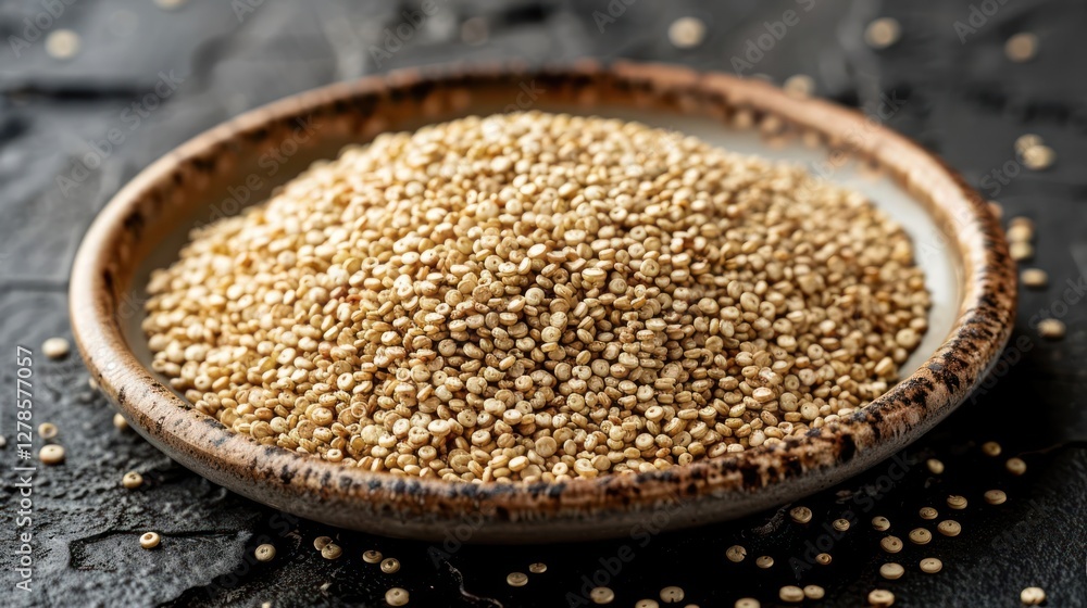A close-up of a mound of quinoa seeds in a decorative bowl on a textured surface. A close-up of a mound of quinoa seeds in a decorative bowl on a textured surface.