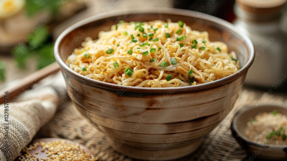 A bowl of stir-fried noodles garnished with green onions, set in a rustic environment. A bowl of stir-fried noodles garnished with green onions, set in a rustic environment.