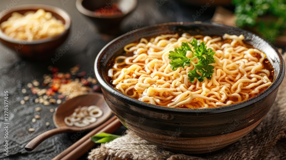 A delicious bowl of noodles garnished with parsley, showcasing a warm, inviting meal. A delicious bowl of noodles garnished with parsley, showcasing a warm, inviting meal.