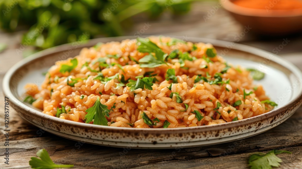 A plate of flavorful rice garnished with fresh herbs, showcasing a delicious meal. A plate of flavorful rice garnished with fresh herbs, showcasing a delicious meal.
