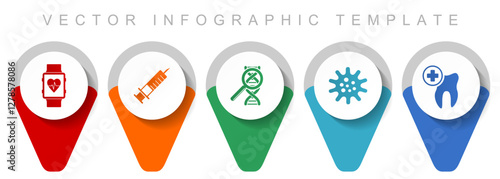 Healthcare pointer collection, miscellaneous icons such as smartwatch, dentist, dna, virus and syringe, flat design vector infographic template in eps 10