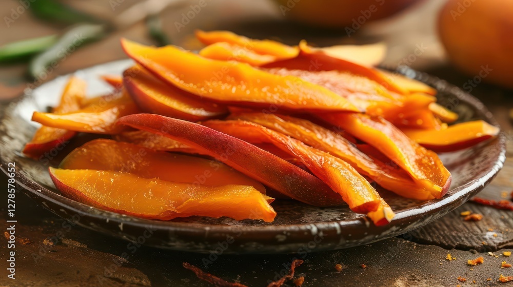 A plate of dried mango slices displayed on a rustic surface. A plate of dried mango slices displayed on a rustic surface.