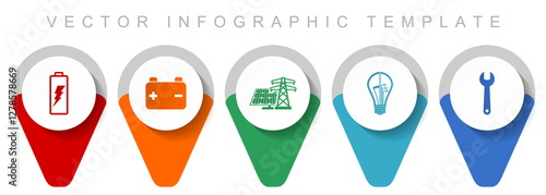 Power and energy pointer collection, miscellaneous icons such as battery, solar power, light bulb and tool, flat design vector infographic template in eps 10