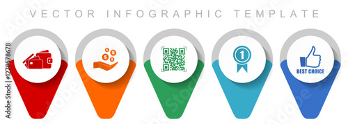 Shopping pointer collection, miscellaneous icons such as money, wallet, qr code, badge and like sign, flat design vector infographic template in eps 10