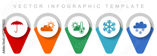 Weather forecast pointer collection, miscellaneous icons such as umbrella, clouds, sun and snowflake, flat design vector infographic template in eps 10