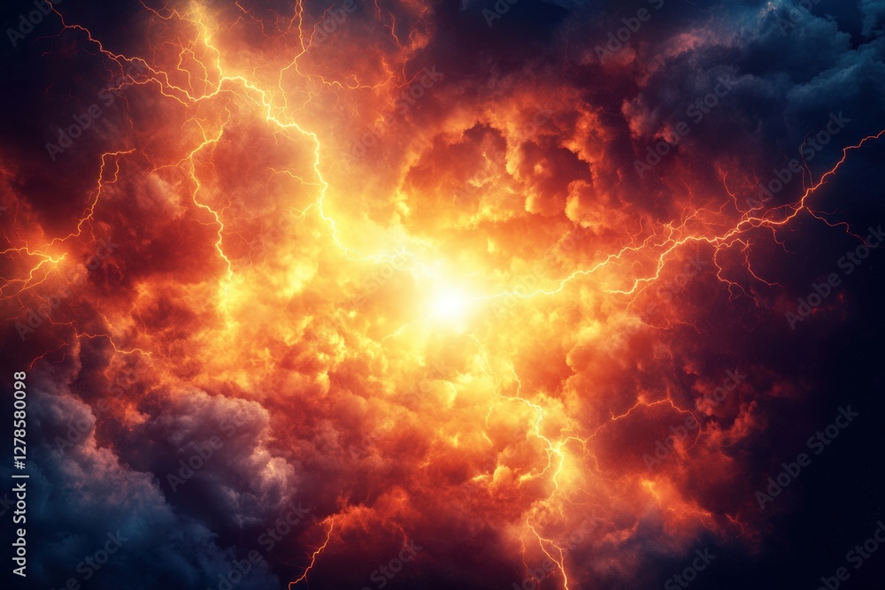 Fiery orange and black stormy sky with dramatic lightning Fiery orange and black stormy sky with dramatic lightning