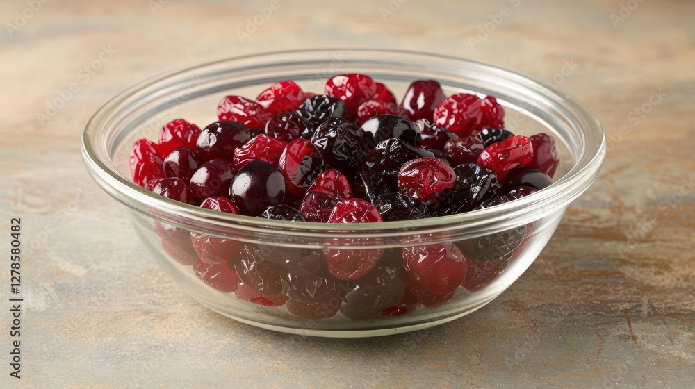 A bowl filled with mixed dried cranberries and cherries. A bowl filled with mixed dried cranberries and cherries.
