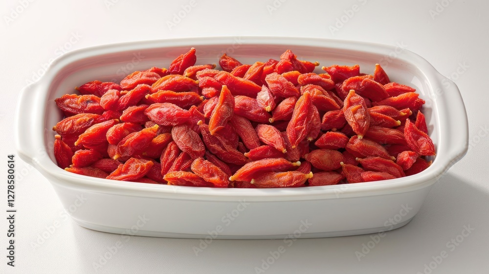 A white dish filled with dried goji berries, showcasing their vibrant red color. A white dish filled with dried goji berries, showcasing their vibrant red color.