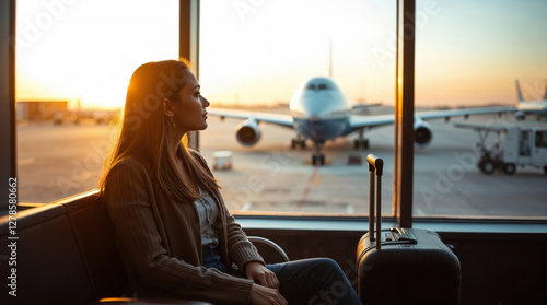 A young woman sits an airport terminal