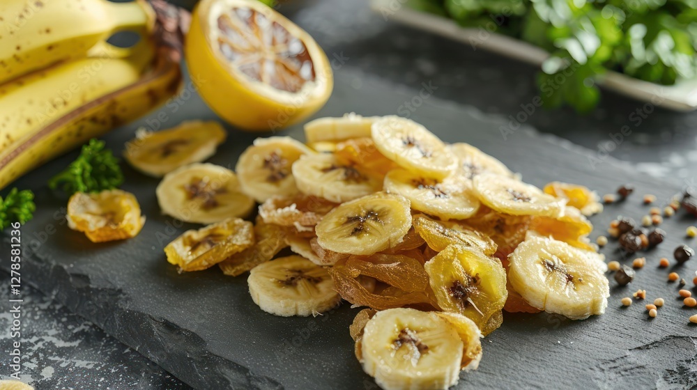 A display of dried banana slices alongside fresh bananas and lemon on a slate surface. A display of dried banana slices alongside fresh bananas and lemon on a slate surface.