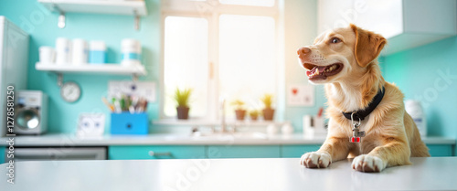 Happy dog sitting on table in veterinary clinic, pet care