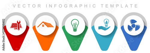 Renewable energy pointer collection, miscellaneous icons such as solar panel, house, light bulb and heater, flat design vector infographic template in eps 10