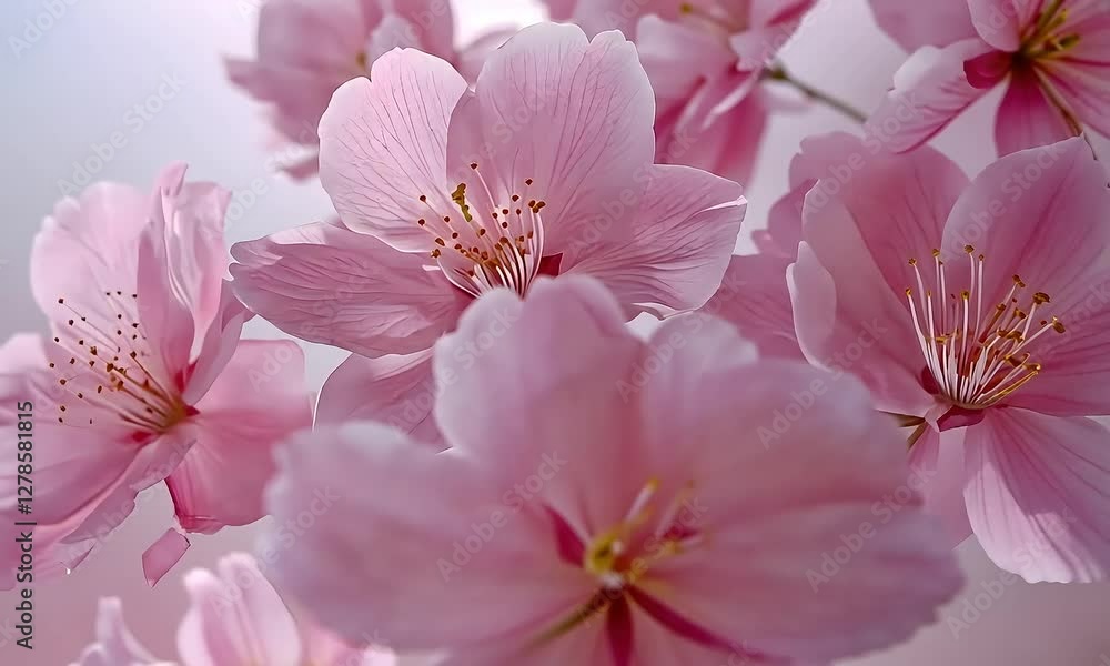 Pink cherry blossoms falling, soft background. Spring nature