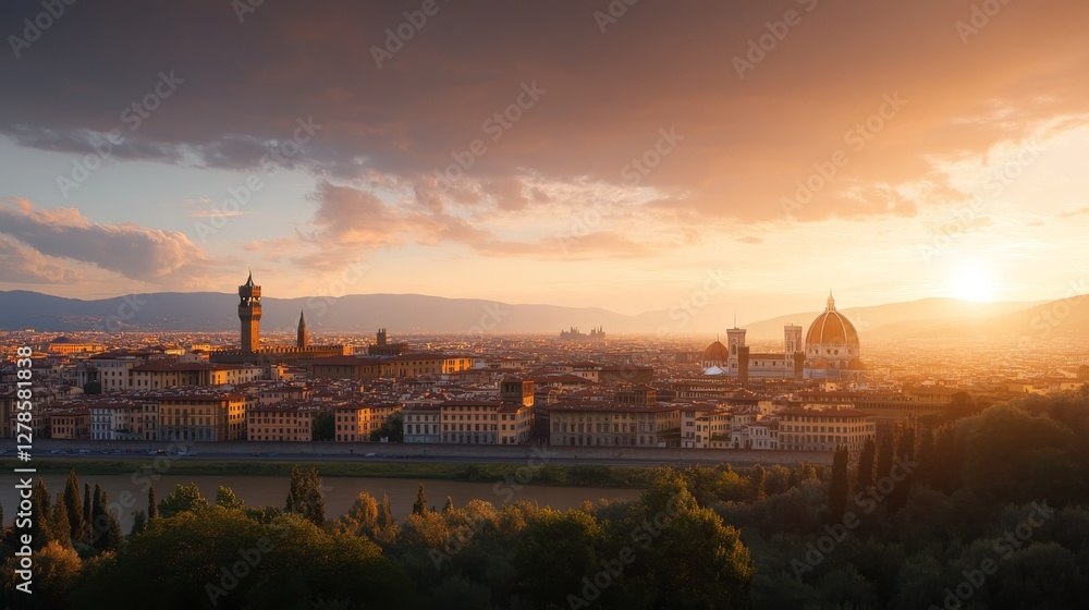 Fototapeta premium A panoramic view of the cityscape of Florence, Italy at sunset, with its iconic landmarks like the Cathedral and Galleria degli Uffizi.