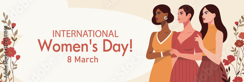 Equality Day. Women's Day. March 8. Women on a background of flowers symbolize freedom, the fight for women's empowerment and gender equality. Vector illustration for women's projects and holidays