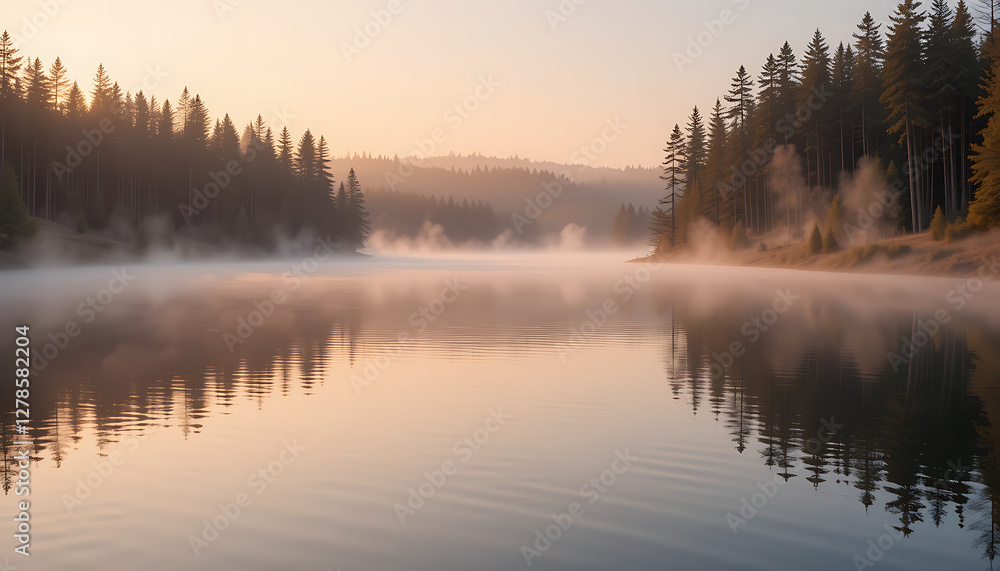 Foggy landscape with coniferous forest and lake at sunrise. Foggy landscape with coniferous forest and lake at sunrise.