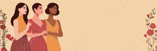 Women's Day. March 8. Equality Day. Women against a background of flowers symbolize freedom, the fight for women's empowerment and gender equality. Vector illustration for women's projects and holiday