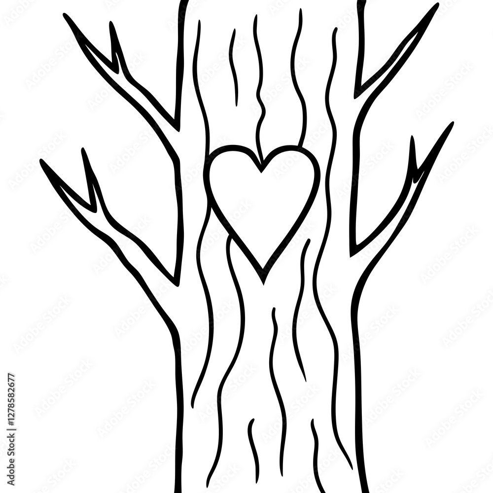 Rustic Love Carved Heart on Tree Line Art Rustic Love Carved Heart on Tree Line Art