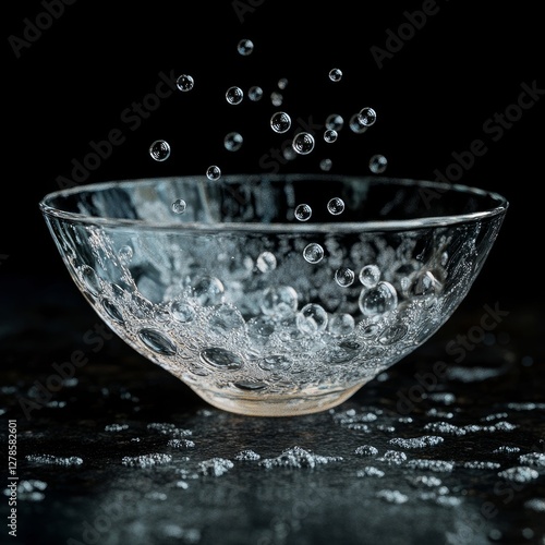 transparent glass bowl filled with numerous small bubbles. The bubbles are both suspended in the liquid and emerging from the surface, creating an intriguing texture. The background is dark, which enh photo