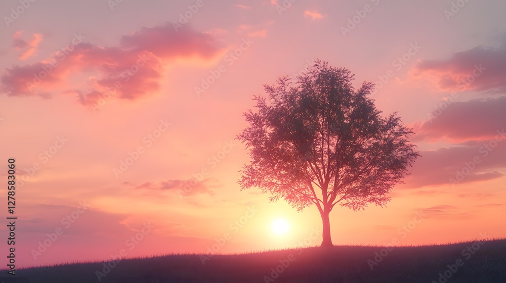 Sunset sky glows with soft pink and orange clouds behind silhouetted tree, creating minimalist landscape with peaceful dusk scene, gentle gradient colors, and ethereal lighting in tranquil evening Sunset sky glows with soft pink and orange clouds behind silhouetted tree, creating minimalist landscape with peaceful dusk scene, gentle gradient colors, and ethereal lighting in tranquil evening