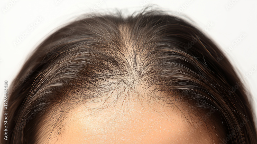 Hair thinning and scalp visibility in close up view of woman hairline, showcasing potential hair loss concerns and treatment options Hair thinning and scalp visibility in close up view of woman hairline, showcasing potential hair loss concerns and treatment options