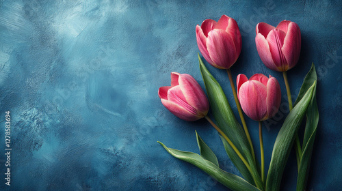 Pink tulips on a blue background. Banner for Mother's Day, Birthday. Copy space