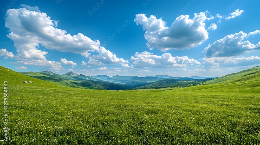 Rolling green meadow stretches beneath vibrant blue sky with fluffy white clouds, featuring distant mountain range and scattered rocks, capturing peaceful countryside in bright summer day. Rolling green meadow stretches beneath vibrant blue sky with fluffy white clouds, featuring distant mountain range and scattered rocks, capturing peaceful countryside in bright summer day.