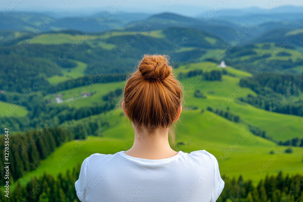 A young woman gazes thoughtfully at a lush green valley, surrounded by majestic mountains, as soft sunlight filters through scattered clouds overhead. A young woman gazes thoughtfully at a lush green valley, surrounded by majestic mountains, as soft sunlight filters through scattered clouds overhead.
