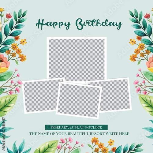 Birthday facebook frame with photo. Birthday photo booth frame on white background. Birthday party photobooth props.