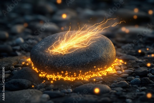 Glowing sparks emanating from stone on pebble beach at dusk photo