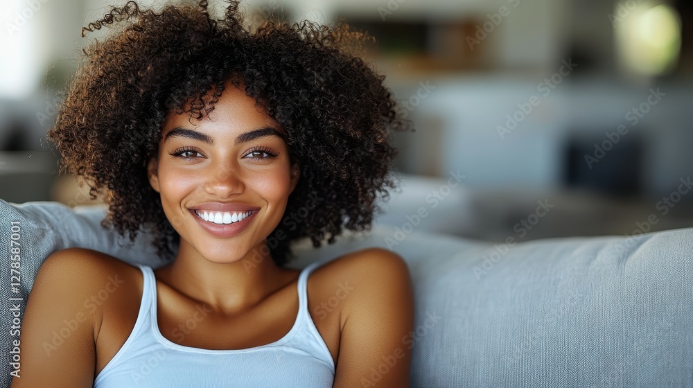 A joyful young woman with curly hair is sitting comfortably on a couch, smiling brightly. She enjoys a moment of relaxation in a well-lit, inviting living room setting A joyful young woman with curly hair is sitting comfortably on a couch, smiling brightly. She enjoys a moment of relaxation in a well-lit, inviting living room setting