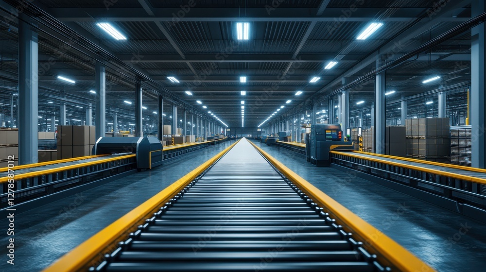 A modern warehouse interior featuring a conveyor belt, illuminated by overhead lights, surrounded by storage racks and boxes. A modern warehouse interior featuring a conveyor belt, illuminated by overhead lights, surrounded by storage racks and boxes.