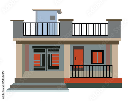 A small house with a door and a  windows sits on a white background. The house has a balcony and a fence around it. The house has a simple and clean design.Town house vector illustration