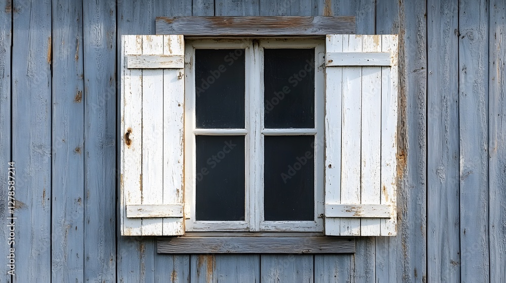 White wooden window shutter adorns rustic wall with vertical planks and textured grain, showcasing farmhouse architecture and vintage style through weathered details in moody lighting. White wooden window shutter adorns rustic wall with vertical planks and textured grain, showcasing farmhouse architecture and vintage style through weathered details in moody lighting.