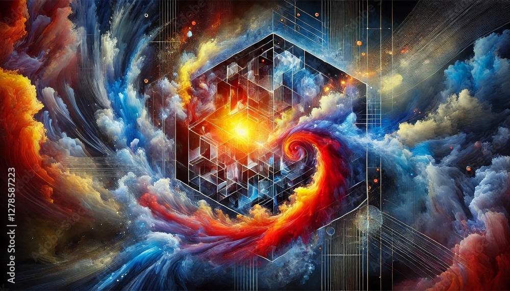 A large, abstract digital artwork expressing a fusion of emotions and ideas. The composition features a vivid explosion of colors, including deep blue A large, abstract digital artwork expressing a fusion of emotions and ideas. The composition features a vivid explosion of colors, including deep blue