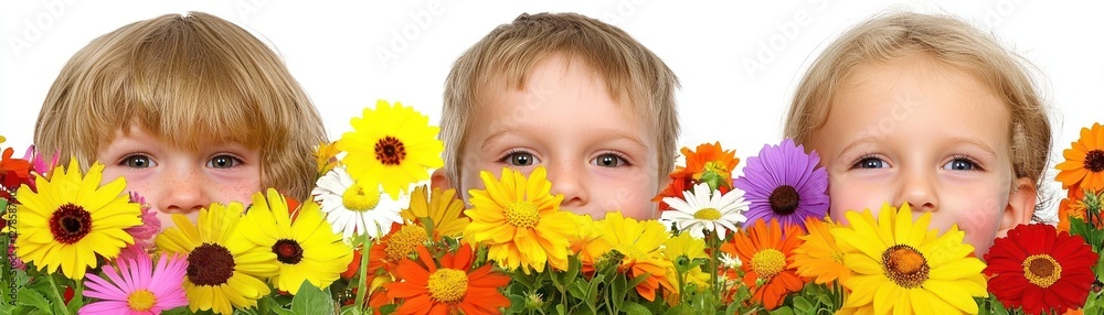 Children hiding behind flowers, joyful expression, studio shot, possible use for children's product catalog Children hiding behind flowers, joyful expression, studio shot, possible use for children's product catalog