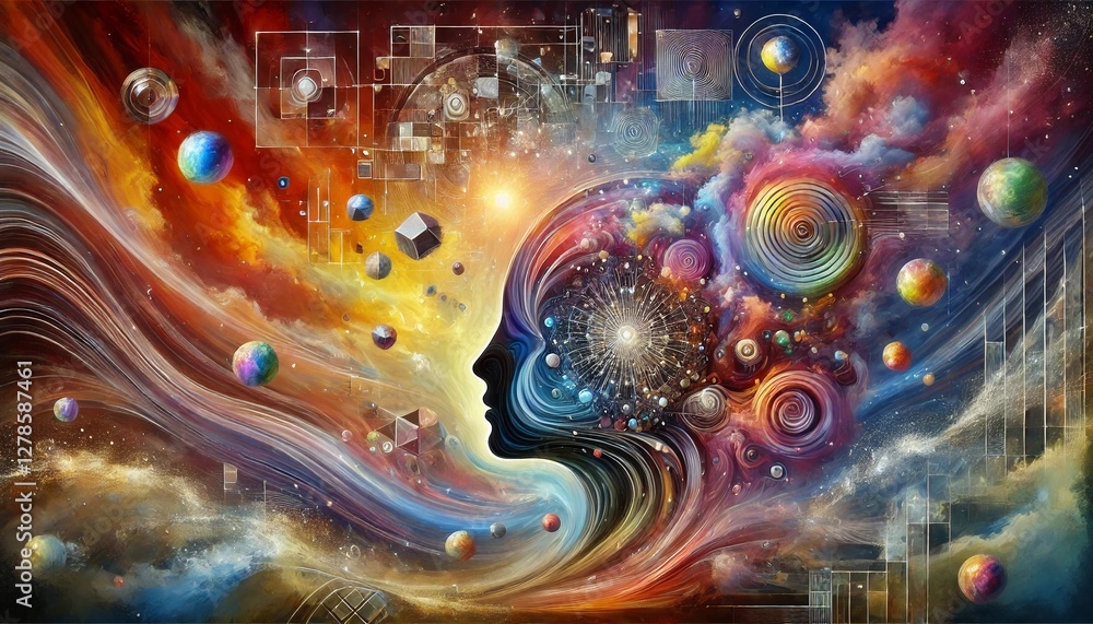 A surreal and abstract digital painting representing emotions and ideas. The image features vibrant swirling colors, geometric shapes, and fluid pattern A surreal and abstract digital painting representing emotions and ideas. The image features vibrant swirling colors, geometric shapes, and fluid pattern
