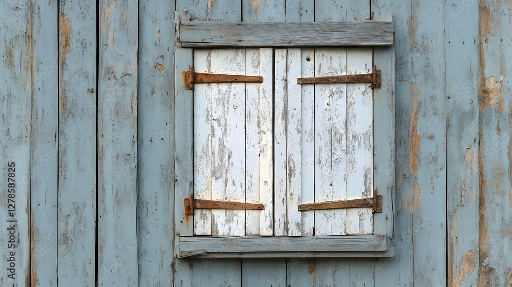 White wooden window shutter adorns rustic wall with vertical planks and textured grain, showcasing farmhouse architecture and vintage style through weathered details in moody lighting. White wooden window shutter adorns rustic wall with vertical planks and textured grain, showcasing farmhouse architecture and vintage style through weathered details in moody lighting.