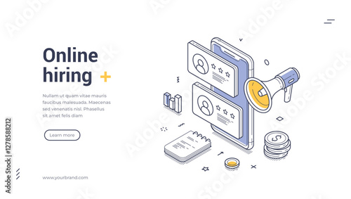 Modern online hiring web banner featuring isometric design elements. It highlights an application process using icons representing candidates and communication tools