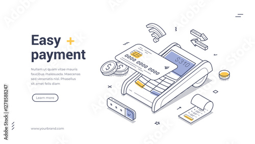Easy payment modern isometric line art web banner template. Payment terminal with a credit card, coins, and transaction details, visually showcasing the process of making a digital payment