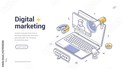 Digital marketing modern isometric line art web banner template. Laptop showcasing an online shopping interface with elements like a megaphone and magnet, emphasizing digital marketing