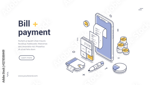 Bill payment process with various elements like a smartphone, calculator, and icons. The design emphasizes digital transactions and efficient payment methods. Web banner template