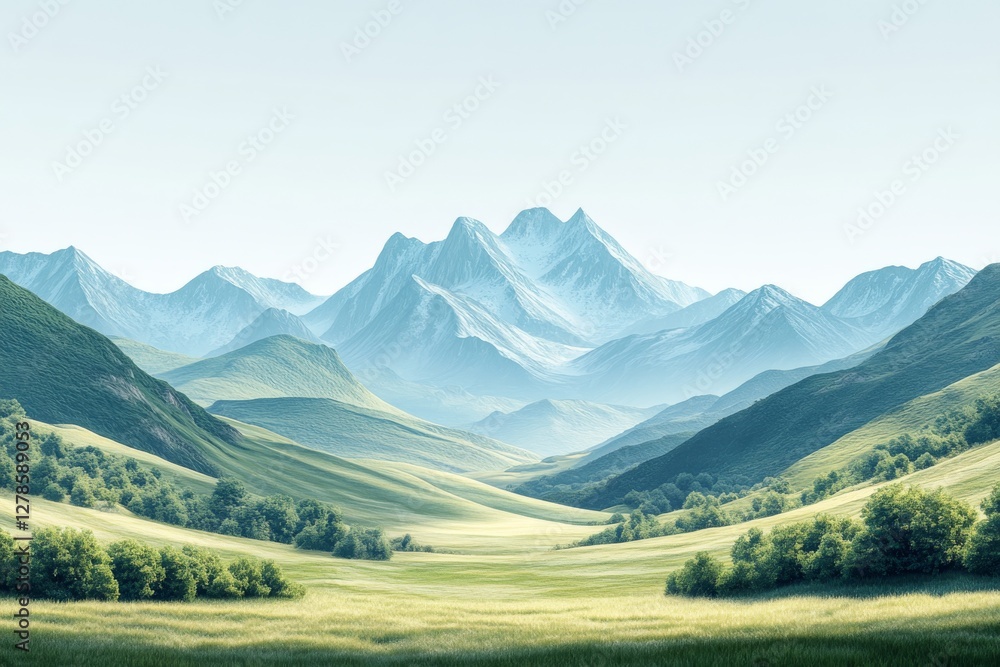 Fototapeta premium Serene Mountain Valley Landscape Breathtaking View of Rolling Hills and Majestic Peaks