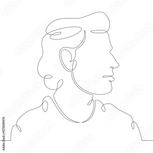 One continuous drawing line logo young man portrait profile head bust side view .Single hand drawn art line doodle outline isolated minimal illustration cartoon character flat