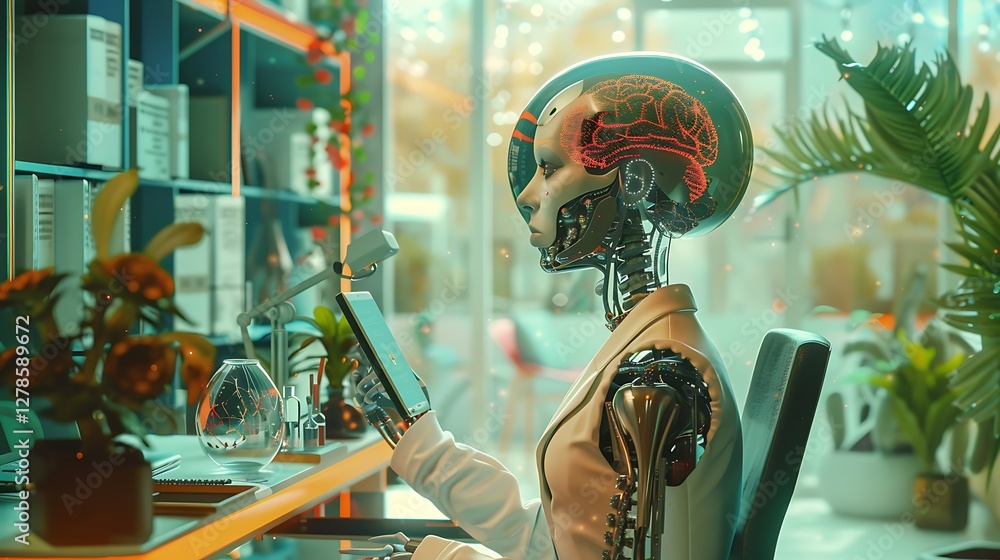 Obraz premium An AI system learning to analyze medical records and suggest treatment plans in a healthcare setting.