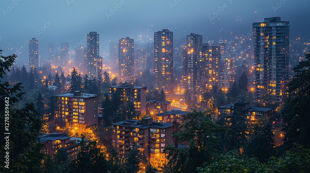 Obraz premium Nighttime cityscape urban skyline photography foggy environment aerial view urban serenity