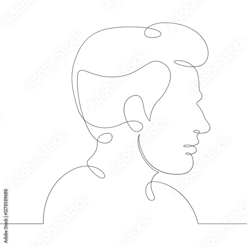 One continuous drawing line logo young man portrait profile head bust side view .Single hand drawn art line doodle outline isolated minimal illustration cartoon character flat